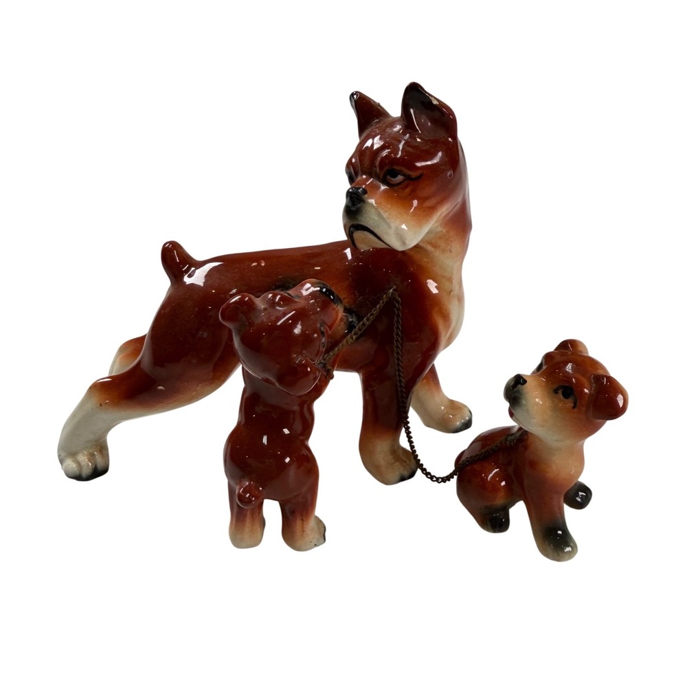 Vintage Sonsco Japan Boxer Dog & Puppies Ceramic Figurine Set Chain Leash